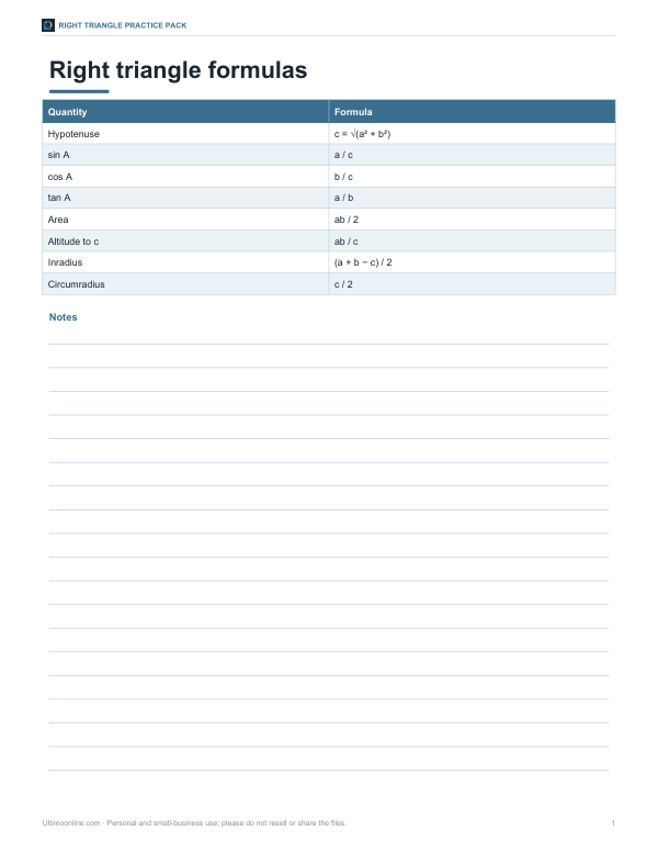Preview of Printable Right Triangle Formula Chart