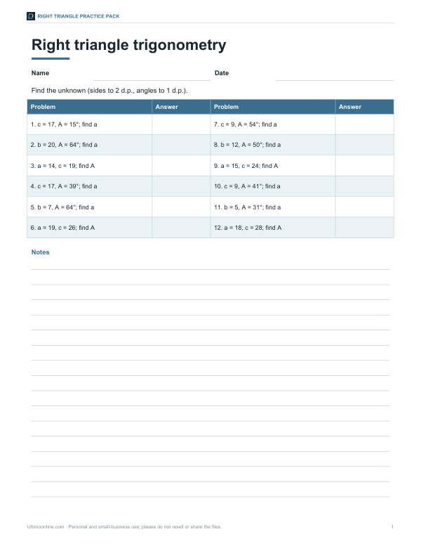 Preview of Printable Right Triangle Trig Worksheet